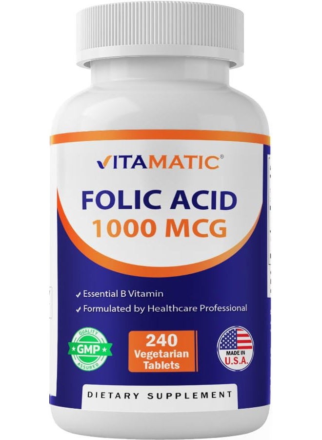 Vitamatic حمض الفوليك 1000 ميكروغرام (1 ملغ) - أقراص نباتية - 1667 ميكروغرام DFE - فيتامين B9 (240 حبة (عبوة واحدة)) - Image 1