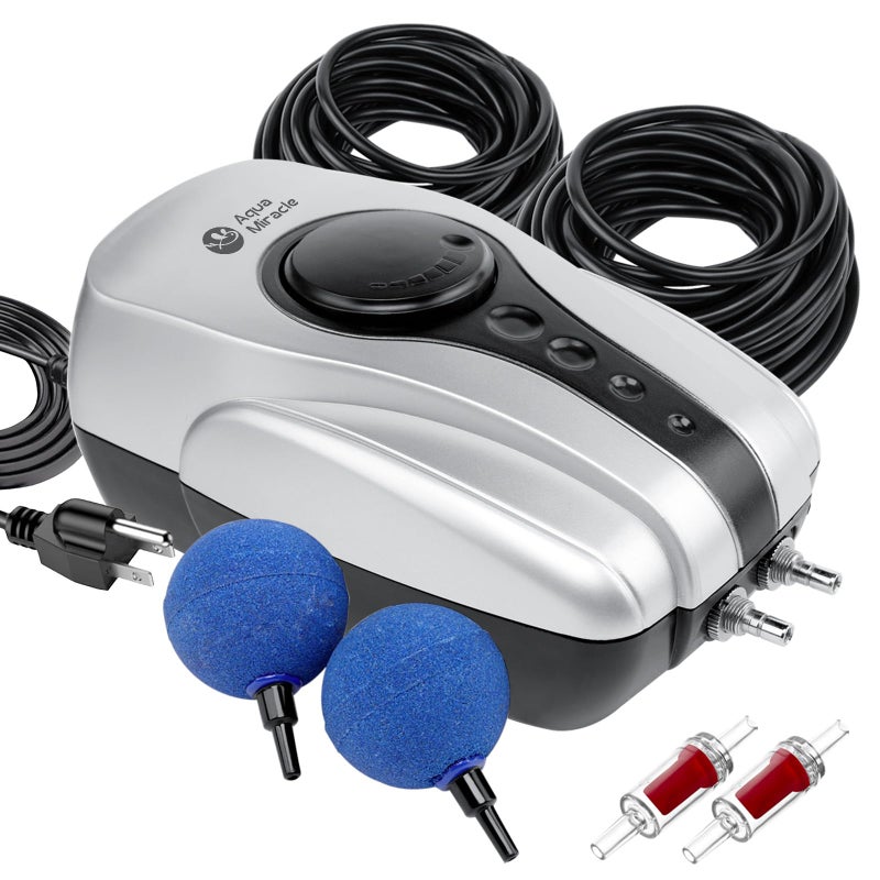 AquaMiracle جهاز تهوية بركة كوي متعدد الاستخدامات لبركة تصل سعتها إلى 1000 جالون مجموعة مضخة هواء للبركة مع 2 مخرج حجارة هواء أنابيب هواء صمامات فحص
