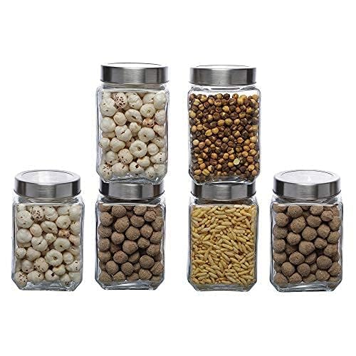 SIMPARTE Multipurpose 1000Ml Transparent Glass JarBarni For Kitchen Achar Pickle Dry Fruits Masala Grocery Grains Storage Container With Silver SeeThrough Lid Set Of 6 Blue - Image 1