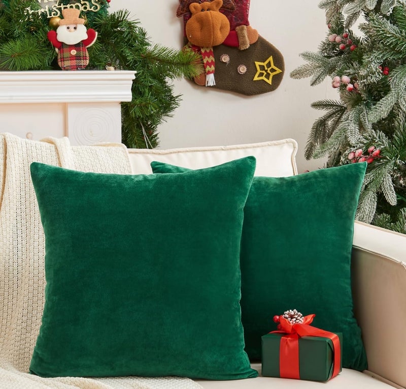GriNeed Pack of 2 Christmas Green Pillow Covers 20x20 Inch Decorative Throw Pillow Cover, Velvet Emerald Pillowcases for Couch Sofa Bed, Home Boho Decor, Modern Soft Cushion Covers - Image 1
