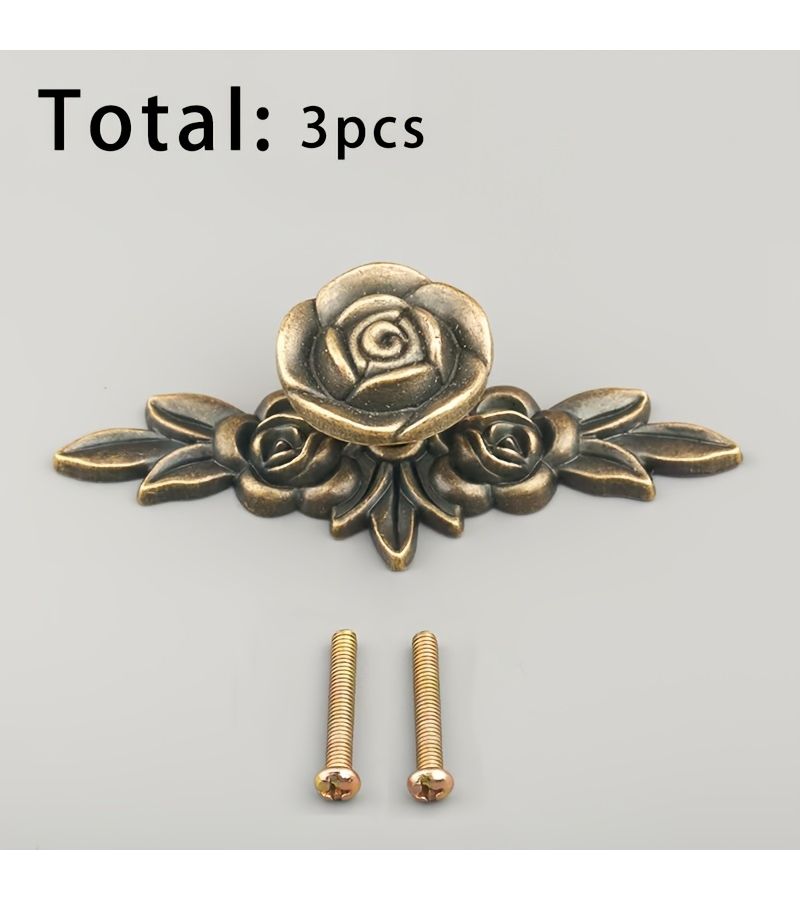 3 Pieces Antique Bronze Blue Green Rose Flower Shaped Cabinet Door Handle Pull Tab Set With 2 Screws 3.94 Inch European Style Light Luxury Decorative Hardware - Image 5