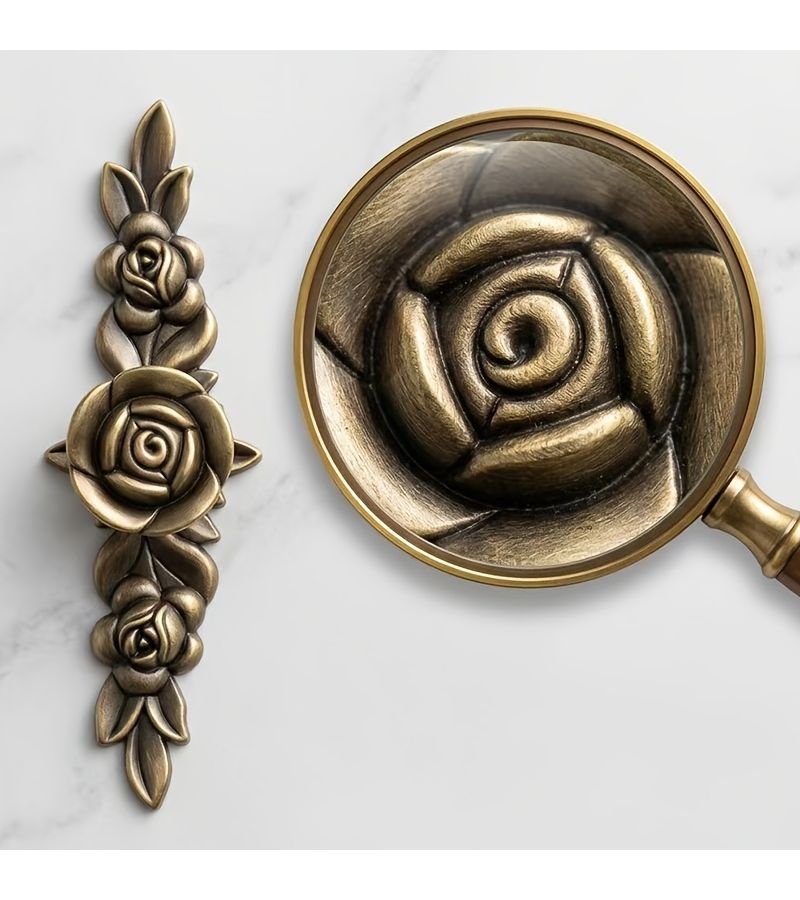 3 Pieces Antique Bronze Blue Green Rose Flower Shaped Cabinet Door Handle Pull Tab Set With 2 Screws 3.94 Inch European Style Light Luxury Decorative Hardware - Image 2