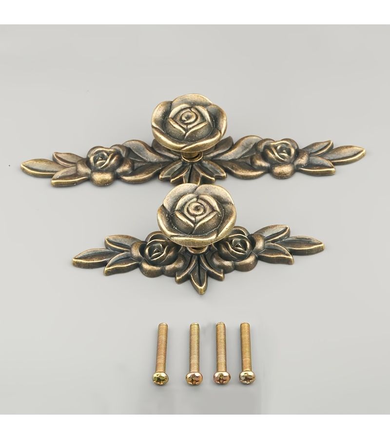 3 Pieces Antique Bronze Blue Green Rose Flower Shaped Cabinet Door Handle Pull Tab Set With 2 Screws 3.94 Inch European Style Light Luxury Decorative Hardware - Image 1