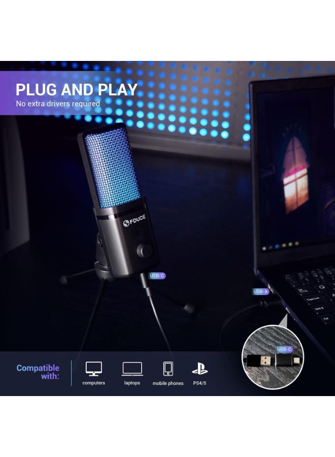 FDUCE ميكروفون ألعاب USB من FDUCE M160 للكمبيوتر الشخصي، ميكروفون مكثف RGB مع حامل ثلاثي القوائم، كتم صوت سريع، تحكم في الكسب، نمط قلبي - Image 5