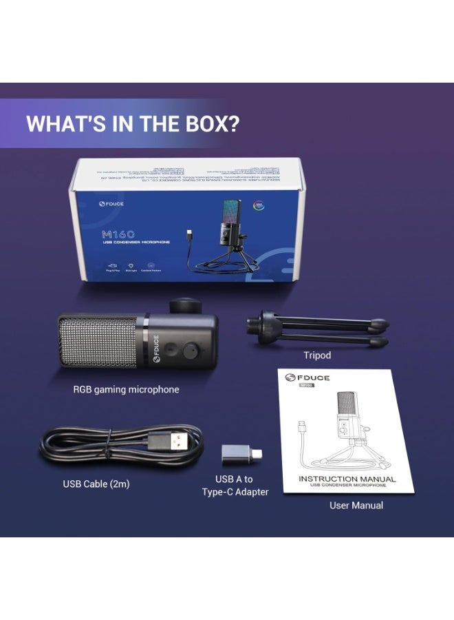 FDUCE ميكروفون ألعاب USB من FDUCE M160 للكمبيوتر الشخصي، ميكروفون مكثف RGB مع حامل ثلاثي القوائم، كتم صوت سريع، تحكم في الكسب، نمط قلبي - Image 2
