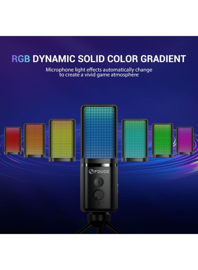 FDUCE ميكروفون ألعاب USB من FDUCE M160 للكمبيوتر الشخصي، ميكروفون مكثف RGB مع حامل ثلاثي القوائم، كتم صوت سريع، تحكم في الكسب، نمط قلبي - Image 3