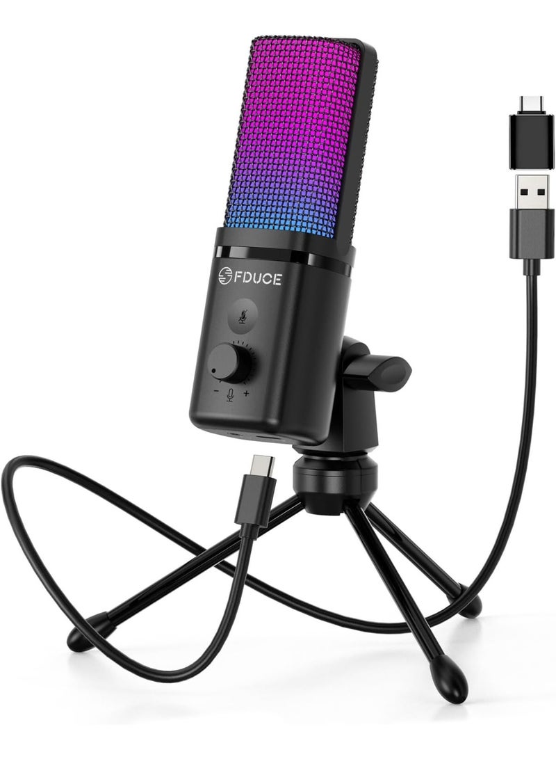 FDUCE ميكروفون ألعاب USB من FDUCE M160 للكمبيوتر الشخصي، ميكروفون مكثف RGB مع حامل ثلاثي القوائم، كتم صوت سريع، تحكم في الكسب، نمط قلبي - Image 1