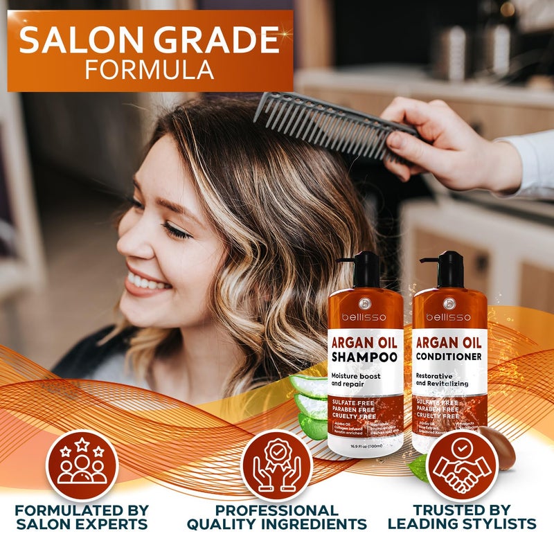 BELLISSO Moroccan Argan Oil Shampoo and Conditioner Set - Sulfate Free with No Parabens - Botanicals for Women and Men - Professional Moisturizing, Anti Frizz, Hydrating Solution for Dry, Wavy and Curly Hair - Image 5