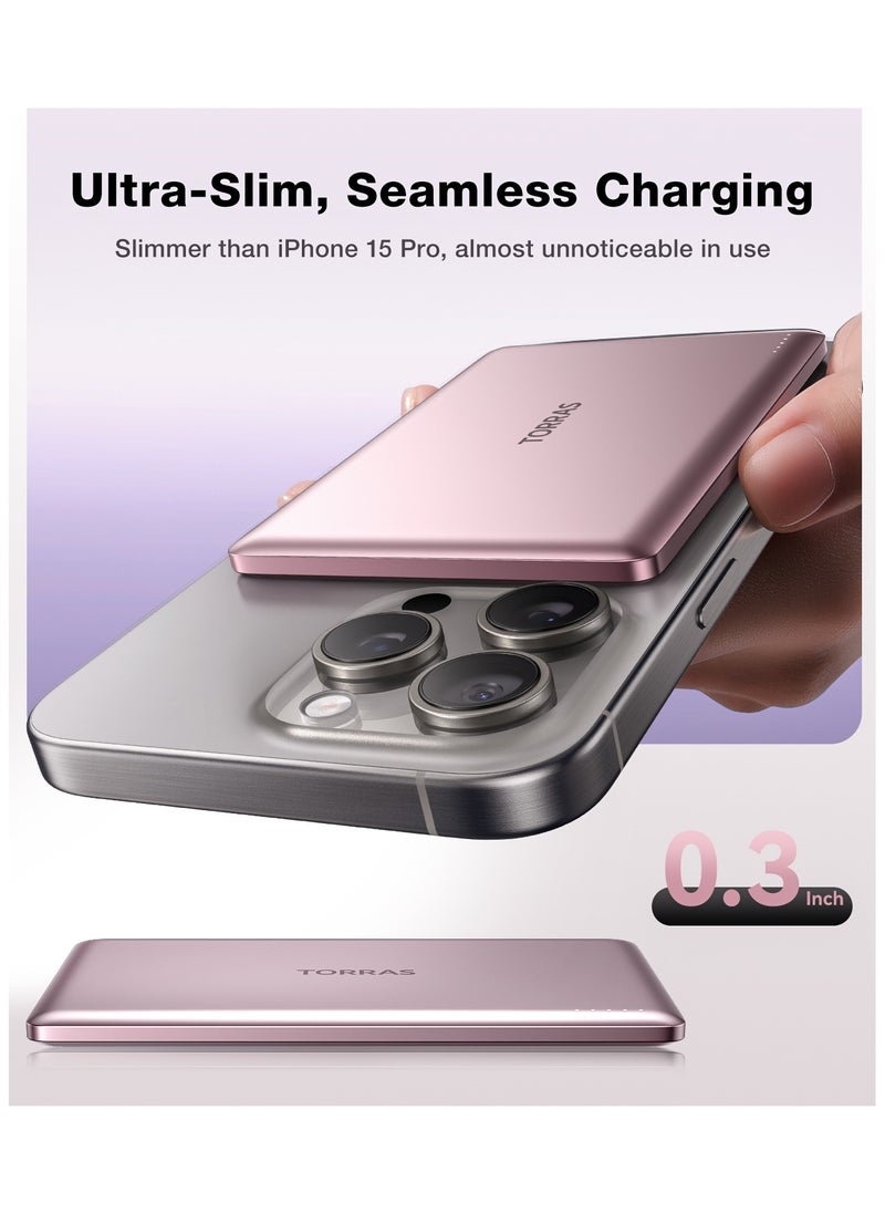 TORRAS - MiniMag Power Bank, Ultra Slim 5,000 mAh Wireless Portable Charger with USB-C Cable, Fast Charging Magnetic Battery Pack, Magsafe-Compatible Charger for iPhone 16/15/14/13/12, Pink - Image 1