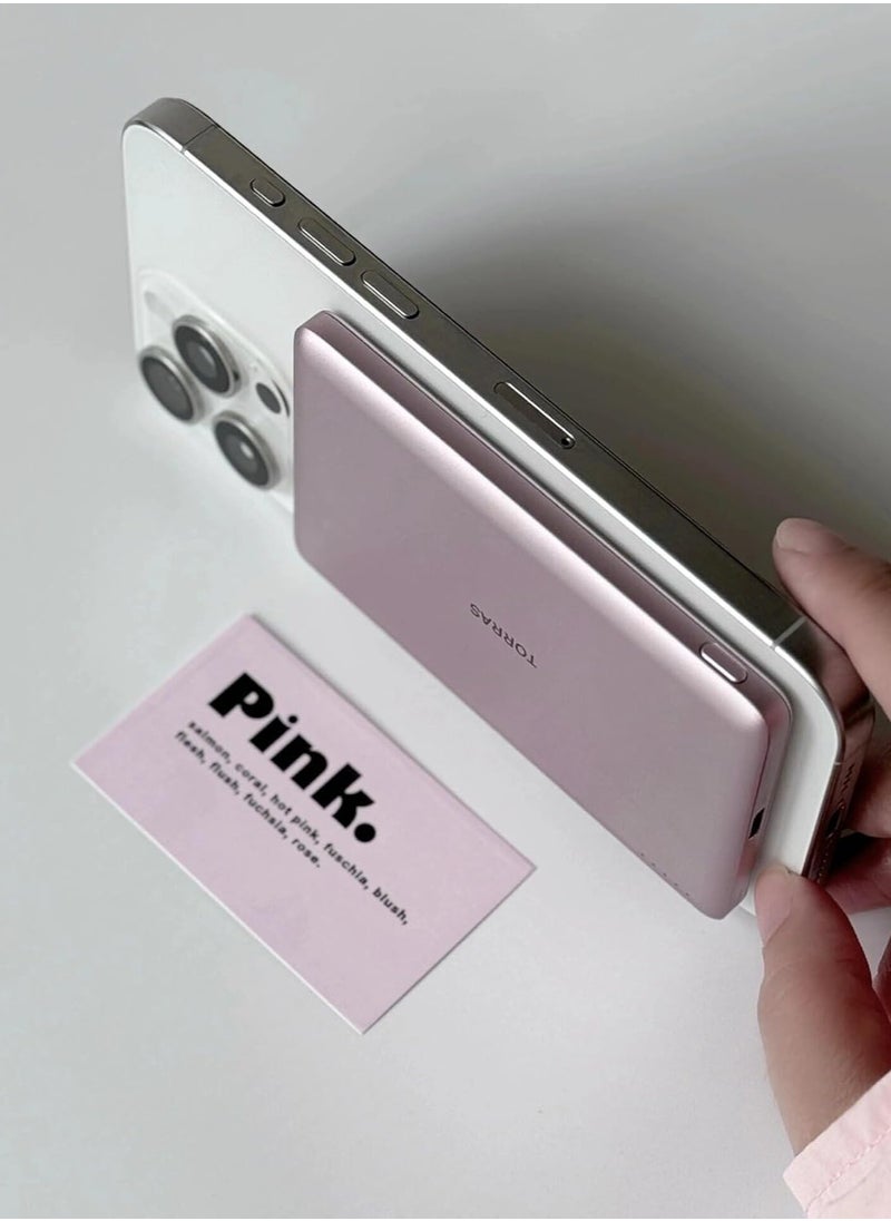 TORRAS - MiniMag Power Bank, Ultra Slim 5,000 mAh Wireless Portable Charger with USB-C Cable, Fast Charging Magnetic Battery Pack, Magsafe-Compatible Charger for iPhone 16/15/14/13/12, Pink - Image 1