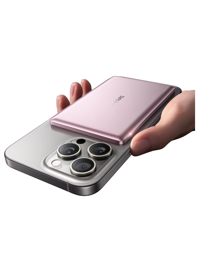 TORRAS - MiniMag Power Bank, Ultra Slim 5,000 mAh Wireless Portable Charger with USB-C Cable, Fast Charging Magnetic Battery Pack, Magsafe-Compatible Charger for iPhone 16/15/14/13/12, Pink - Image 1