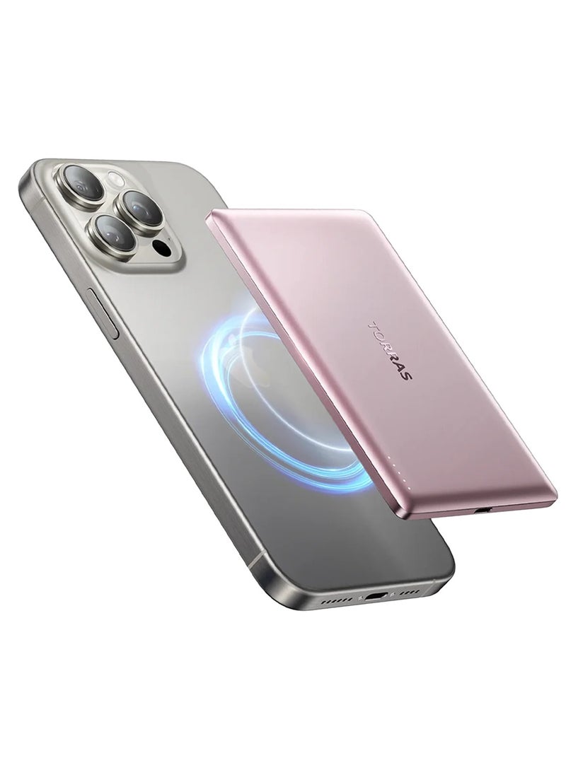 TORRAS - MiniMag Power Bank, Ultra Slim 5,000 mAh Wireless Portable Charger with USB-C Cable, Fast Charging Magnetic Battery Pack, Magsafe-Compatible Charger for iPhone 16/15/14/13/12, Pink - Image 1