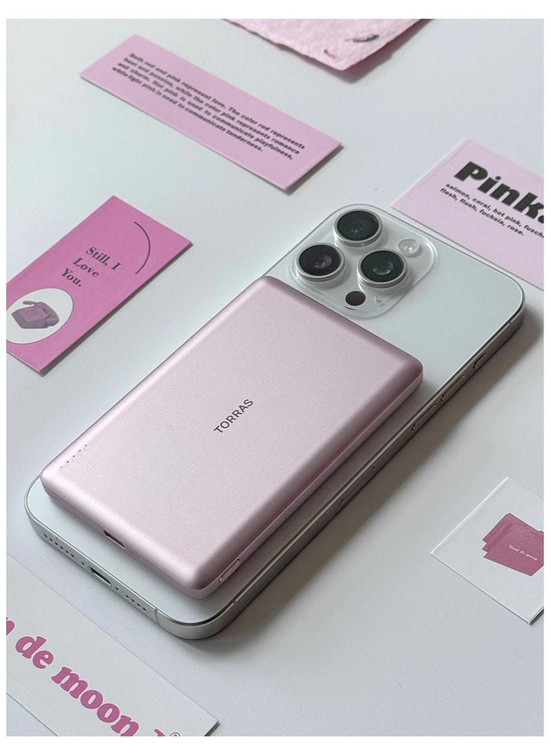 TORRAS - MiniMag Power Bank, Ultra Slim 5,000 mAh Wireless Portable Charger with USB-C Cable, Fast Charging Magnetic Battery Pack, Magsafe-Compatible Charger for iPhone 16/15/14/13/12, Pink - Image 1