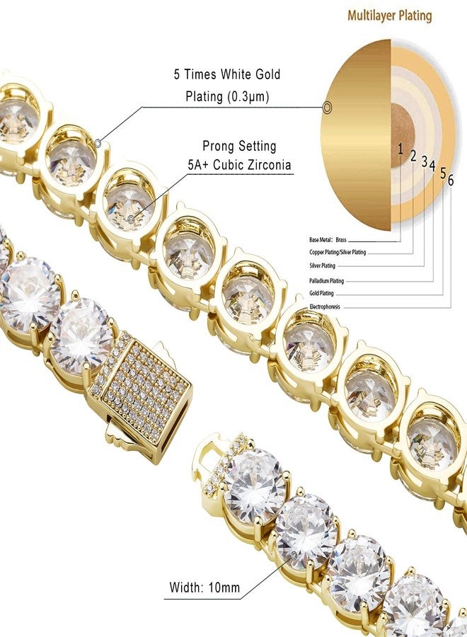 JINAO 10MM Gold Tennis Bracelet for Men Women 14K Gold Plated Iced Out Lab Simulated Diamond Cubic Zirconia Wrist Chain Hip Hop Jewelry (Yellow Bracelet, 7.00) - Image 2