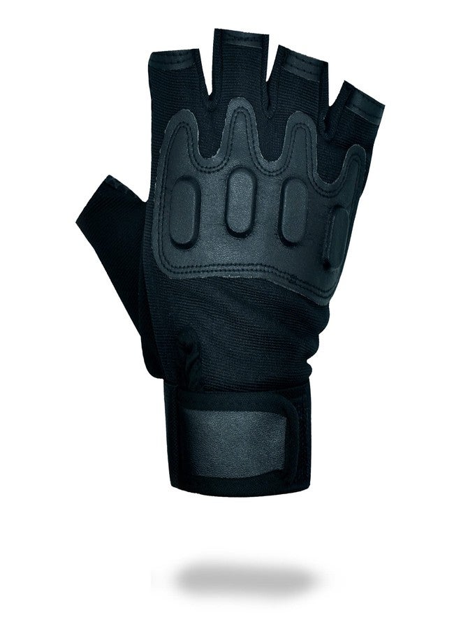 ZaySoo Nylon Tactical Leather Gym Gloves for Professional Weightlifting, Fitness Training and Workout | with Half-Finger Length, Wrist Wrap for Protection | and Tactical Thumb - Black - Image 1