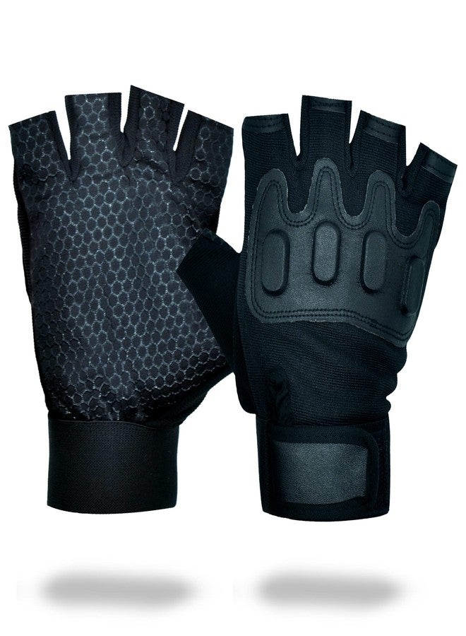 ZaySoo Nylon Tactical Leather Gym Gloves for Professional Weightlifting, Fitness Training and Workout | with Half-Finger Length, Wrist Wrap for Protection | and Tactical Thumb - Black - Image 5