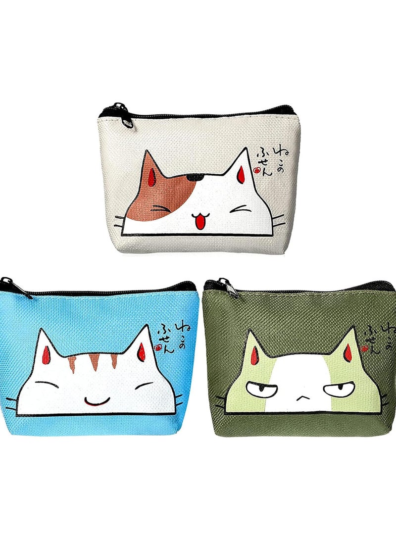 GGOOT 3pcs Canvas Coin Pouch,Small Canvas Coin Purse Portable Coin Bags Wallet Change Holder Cartoon Cat Prints Coin Pouch Cute Oxford Coin Purse with Zipper for Women Girl Credit Card ID Card Lipstick  - Image 1