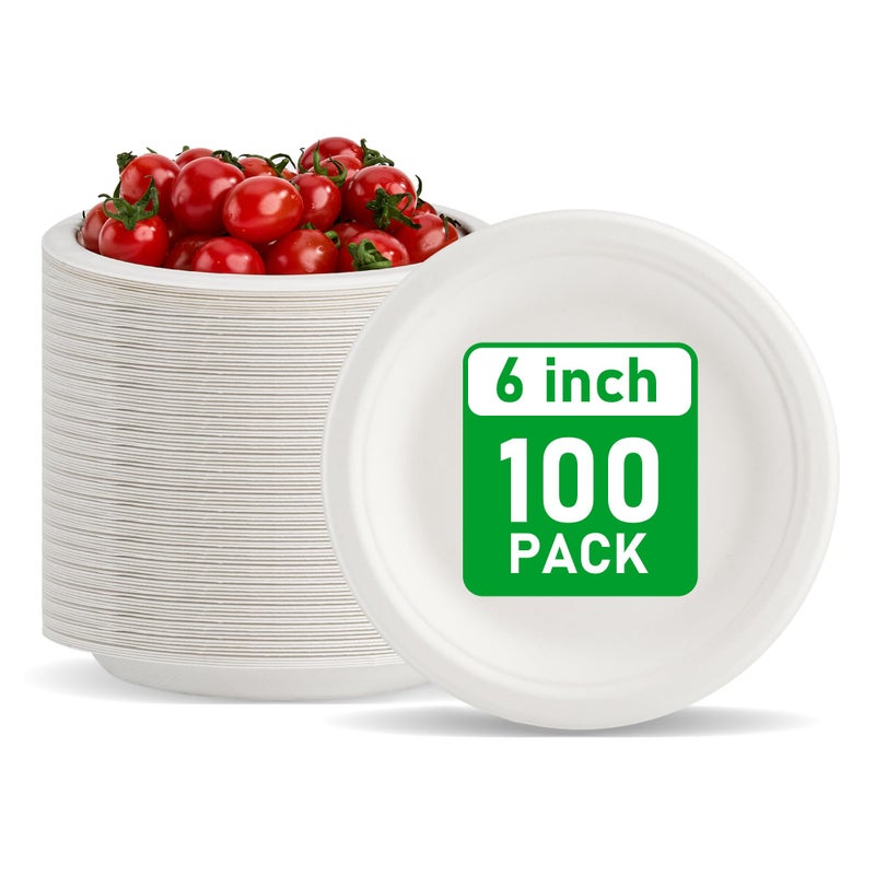 RACETOP Compostable Small Paper Plates 6 Inch [100 Pack], Dessert Plates, Disposable Biodegradable Heavy Duty Paper Plates, Made of Natural Sugarcane Fibers, Unbleached White, Round - Image 1