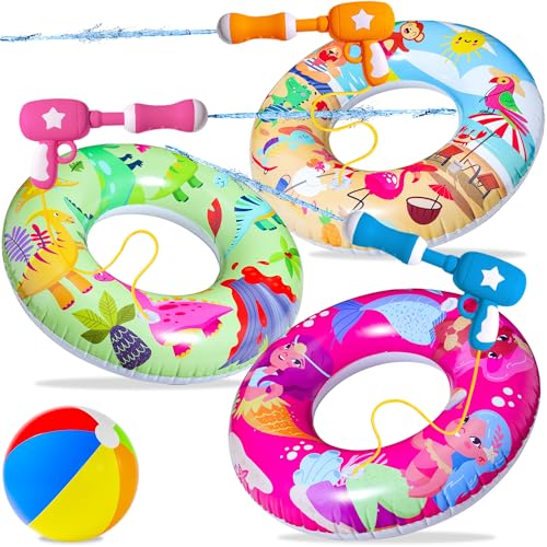 Parentswell 7Pack Pool Party Set Parentswell Inflatable Pool Float Swimming Rings 3 Pool Tubes with 3 Water Guns and 1 Beach Ball Pool Party Favors for Summer Pool and Beach Fun - Image 1