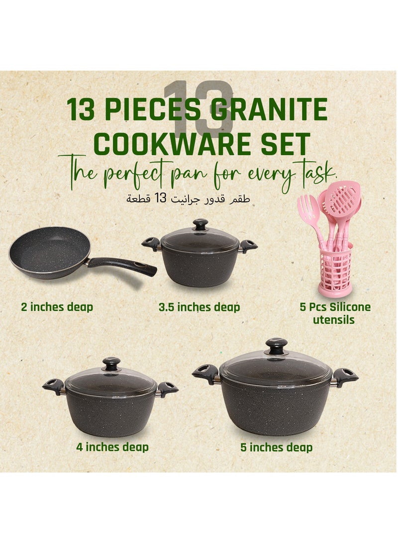 Al-Nokhba - Al-Nokhba Granite Stone Cookware Set, 13-Piece Pots and Pans Non-Stick Set, Includes 3 Lids, 1 Frying Pan, 3 Pots - Scratch-Resistant & Heat-Efficient - Perfect Essentials for Your Kitchen Cooking - Image 1
