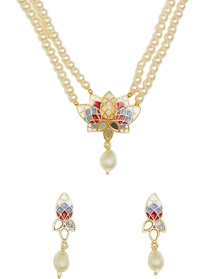 VOYLLA Antique Elegance Plated Filigree Faux Adorned Brass Jewellery Set, Onesize, Brass, No Gemstone