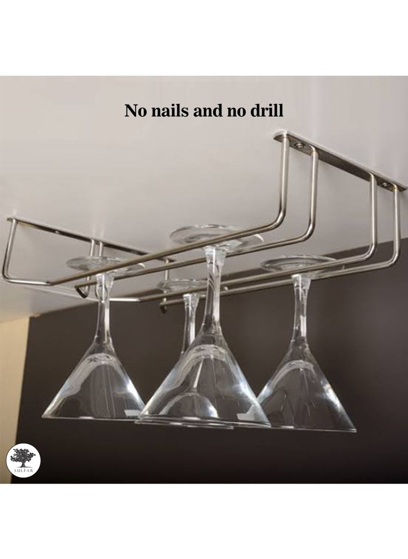 sulfar - SS Double Self Adhesive Wine Glass Rack/Holder Upside Down Glass Hanging Organizer/Wine Glass Holder for Pubs/Kitchen/Bars (Silver) Pack of 1 - Image 1
