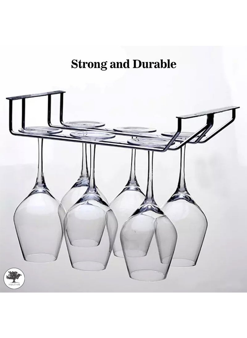 sulfar - SS Double Self Adhesive Wine Glass Rack/Holder Upside Down Glass Hanging Organizer/Wine Glass Holder for Pubs/Kitchen/Bars (Silver) Pack of 1 - Image 1