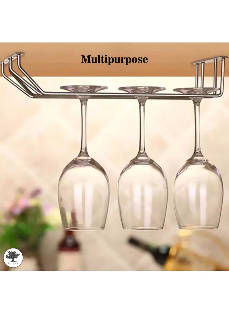 sulfar - SS Double Self Adhesive Wine Glass Rack/Holder Upside Down Glass Hanging Organizer/Wine Glass Holder for Pubs/Kitchen/Bars (Silver) Pack of 1 - Image 1
