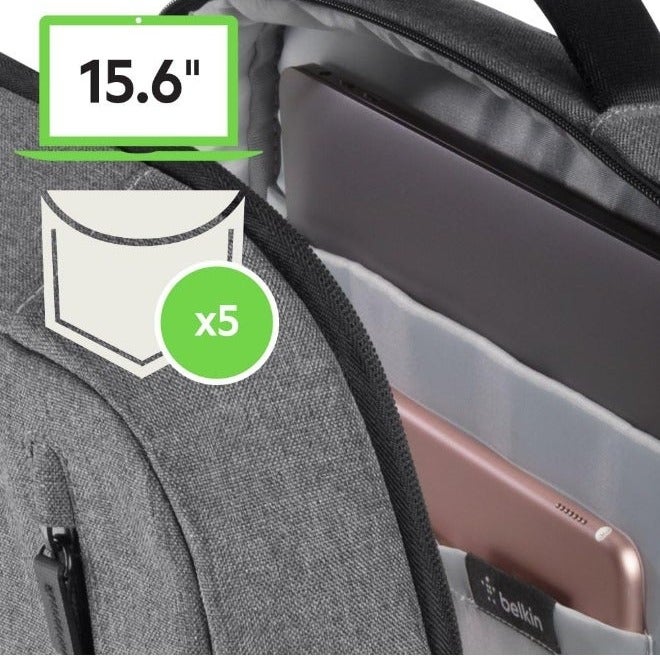 Belkin Classic Pro Backpack for 13" to 17" Laptops – Grey, Durable & Comfortable Everyday Carry Bag - Image 3