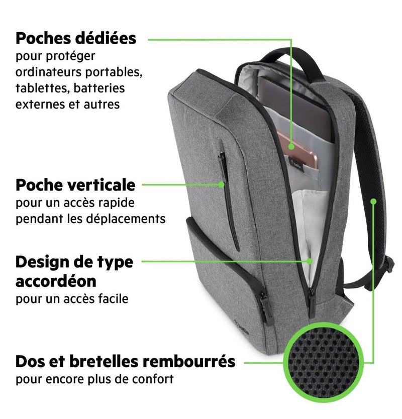 Belkin Classic Pro Backpack for 13" to 17" Laptops – Grey, Durable & Comfortable Everyday Carry Bag - Image 2