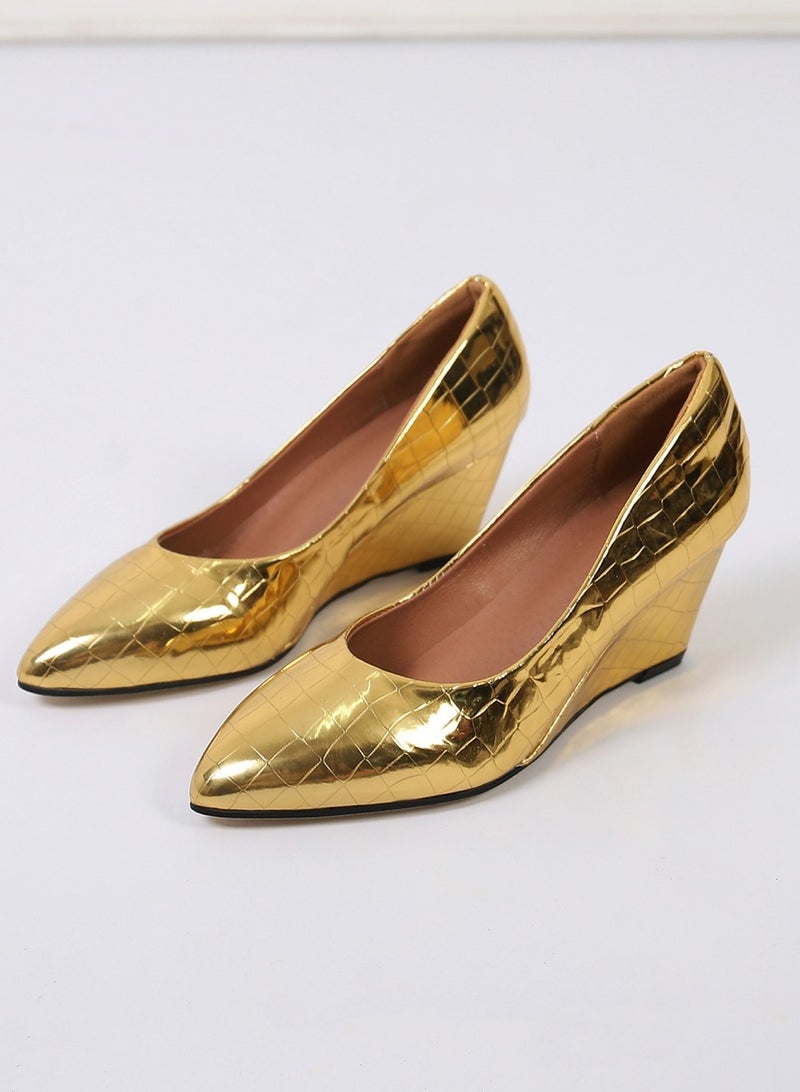 Loquat Women's Shiny Platform Wedge Heeled Sandals Slip On Closed Pointed Toe Wedge Pumps Gold  - Image 1