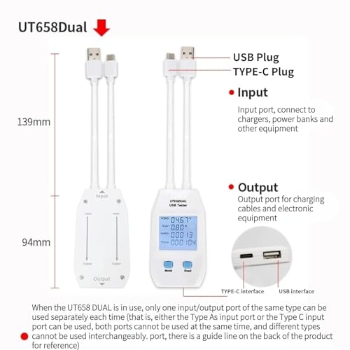 Walfront (UT658 Dual) USB Detector USB Tester Digital Voltmeter Ammeter Power Capacity Voltage Current Meter Digital Power Capacity Tester for Production Verification, Engineering Testing - Image 3