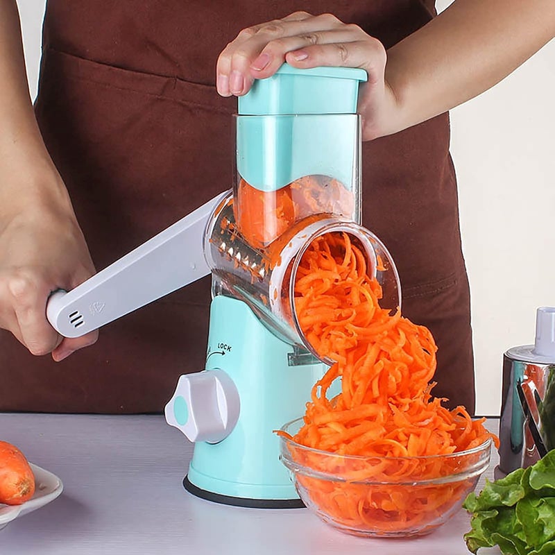 comfrt Kitchen Gadgets Rotary Cheese Grater, 3 in 1 Drum Blades Grater Slicer Shredder Cheese Grater Rotary with Handle & Strong Suction Base Chopper Vegetable Cutter for Vegetables Fruit (blue) - Image 2