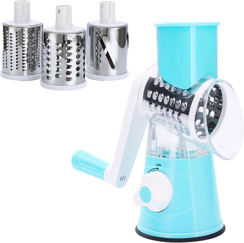 comfrt Kitchen Gadgets Rotary Cheese Grater, 3 in 1 Drum Blades Grater Slicer Shredder Cheese Grater Rotary with Handle & Strong Suction Base Chopper Vegetable Cutter for Vegetables Fruit (blue) - Image 1