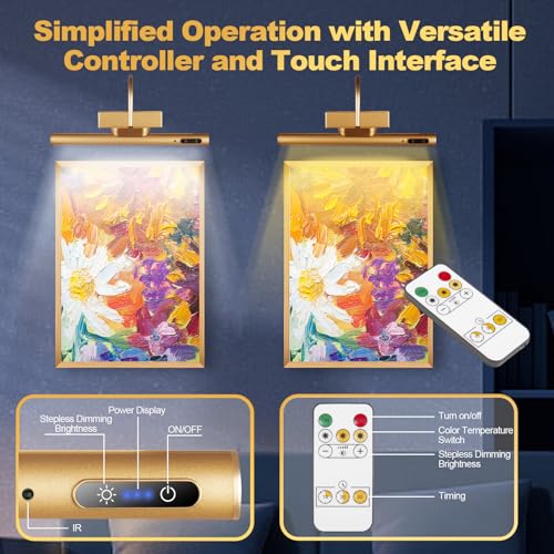 LYTARA Dimmable Cordless Picture Light with Controller and Timer, Rechargeable 5000mAh Battery Wall Sconce for Wall Pictures, Gallery Artwork, Paintings, Portraits, Dartboards (Gold) - Image 5