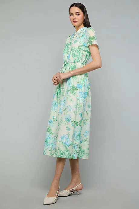 أر أند بي Printed Midi Dress with Mandarin Collar and Short Sleeves