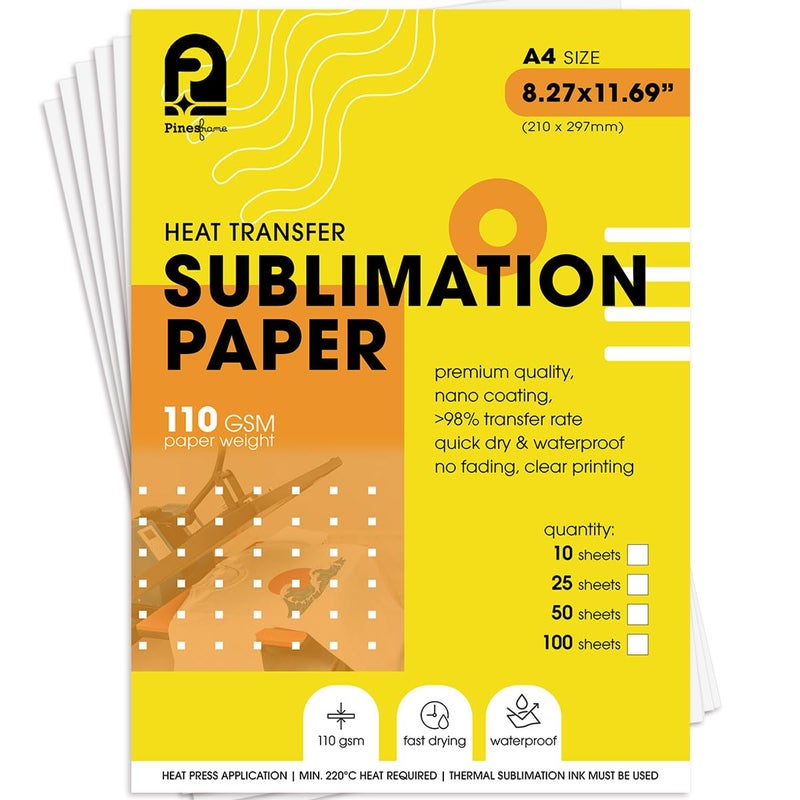 PINESFRAME 100 Pcs Sublimation Transfer Paper | A4 (210x297mm) | 110 GSM | High Transfer Rate >95% | Instant Dry Heat Press Paper for Mug T-Shirt Fabric Printing, for Sublimation Ink only - Image 1