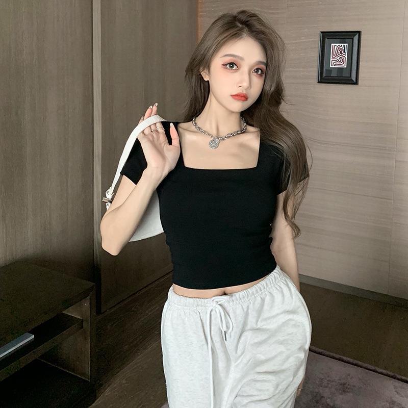 Sports T-Shirt For Women 2023 Tight-Fitting Bm Style Girl Square Collar Short-Sleeved Bottoming Shirt Short Waistless Top For Women - Image 3
