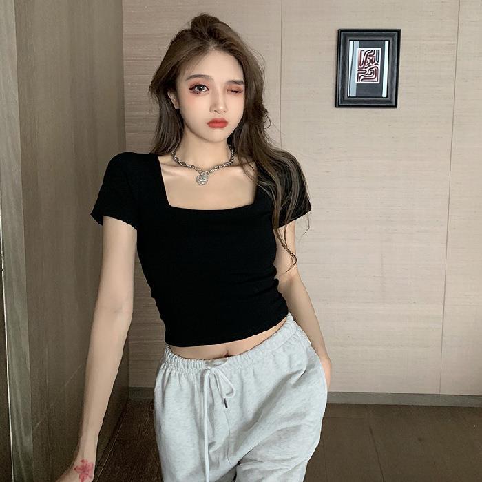 Sports T-Shirt For Women 2023 Tight-Fitting Bm Style Girl Square Collar Short-Sleeved Bottoming Shirt Short Waistless Top For Women - Image 1