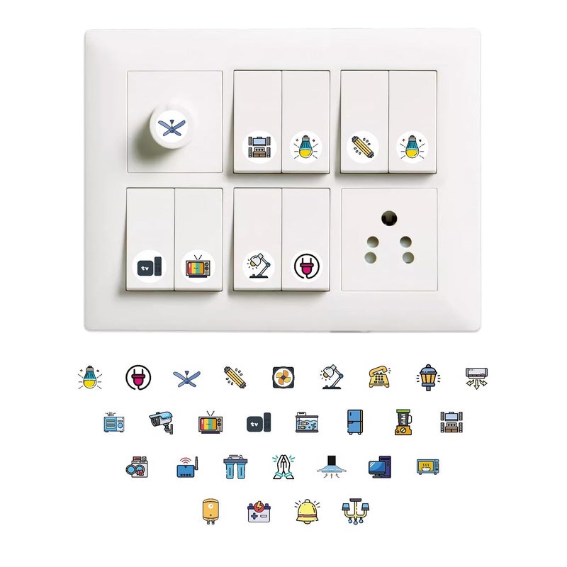 Graficative Switch Board Colorful Stickers for Home - 513 Self-Adhesive Labels, 28 Designs, 14mm x 14mm, Vinyl, Organize & Beautify Electric Boards for Homes, Offices (Colorful2) - Image 1