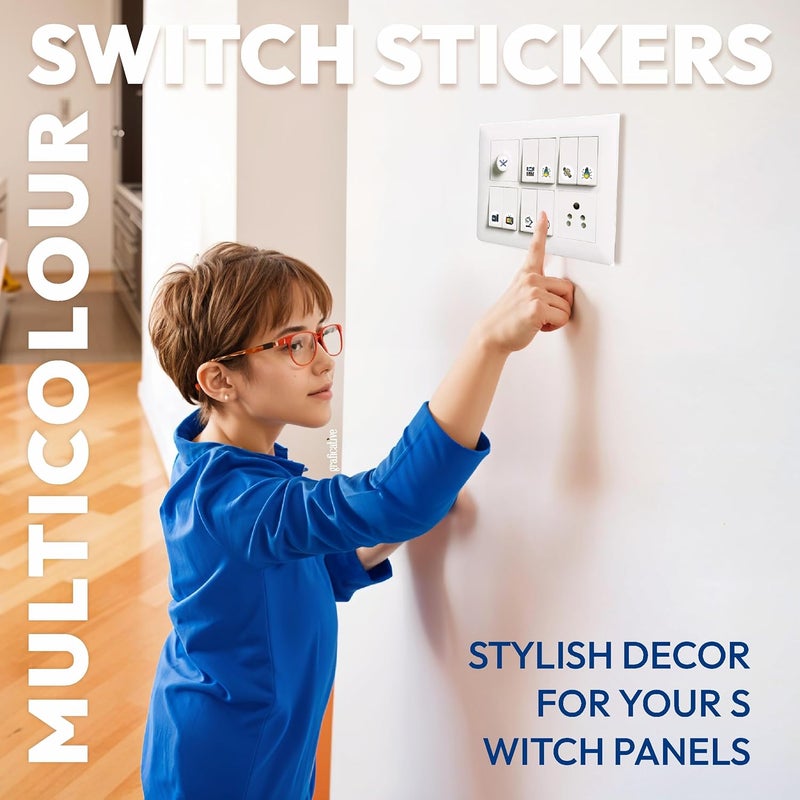 Graficative Switch Board Colorful Stickers for Home - 513 Self-Adhesive Labels, 28 Designs, 14mm x 14mm, Vinyl, Organize & Beautify Electric Boards for Homes, Offices (Colorful2) - Image 2