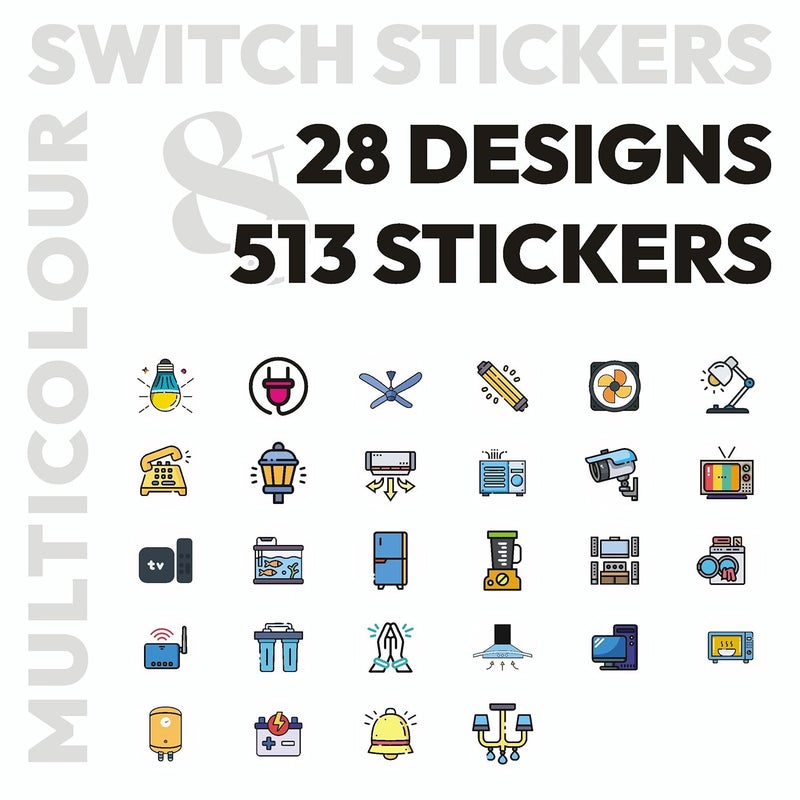 Graficative Switch Board Colorful Stickers for Home - 513 Self-Adhesive Labels, 28 Designs, 14mm x 14mm, Vinyl, Organize & Beautify Electric Boards for Homes, Offices (Colorful2) - Image 3