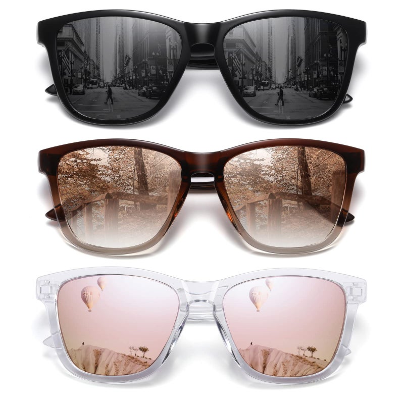 MEETSUN Polarized Sunglasses for Women Men Trendy Classic Retro Designer Style Fashion UV400 Protection 3 PACK Black Brown Gradient Pink Mirrored - Image 1