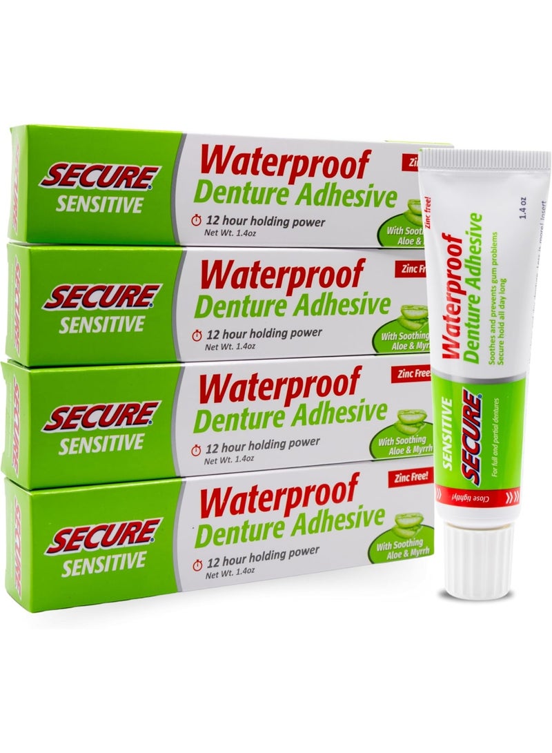 Secure Sensitive Gums Waterproof Denture Adhesive Zinc Free with Aloe Vera & Myrrh - Extra Strong 12 Hour Hold - 1.4 oz (Pack of 4) - Image 4