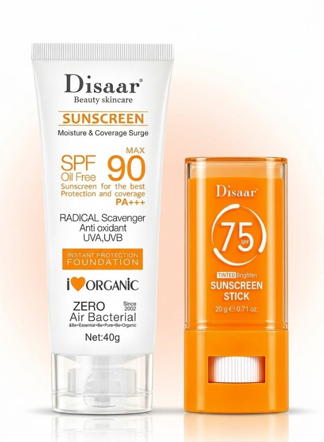 Disaar Beauty Skincare Sunscreen Combo Sunscreen SPF 90 Tube 40g Sunscreen Stick SPF 75 20g Sun Protection Face Body UV Care - Image 1