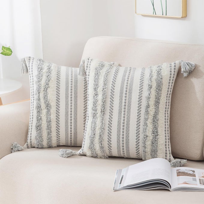 DECORATIVE BOHO THROW PILLOW COVERS 18X18 SET OF 2 ACCENT NEUTRAL TEXTURED TUFTED PILLOW COVERS STRIPED FOR COUCH BED SOFA LIVING ROOM GREY AND CREAM WHITE