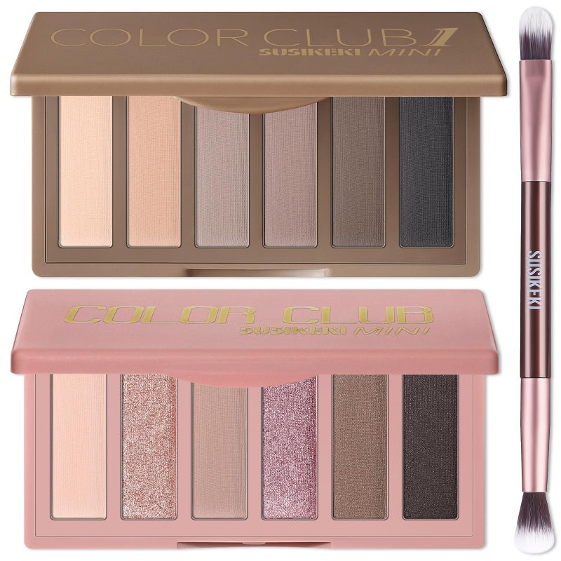 SUSIKEKI 2PCS 6 Colors Mini Naked Eyeshadow Palette Makeup with Brush Set Neutral Nude Eye Shadow Pink  Brown Matte Shimmer Make Up Pallet with Mirror Highly Pigmented Travel Size Gift Kit