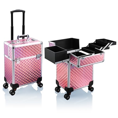 Stagiant Rolling Makeup Train Case Cosmetology Case on Wheels Travel Cosmetic Suitcase Trolley Makeup Luggage Storage Box 4 Tray with Lock Middle Layer Salon Nail Tech Cart Traveling Tattoo Case Pink - Image 2