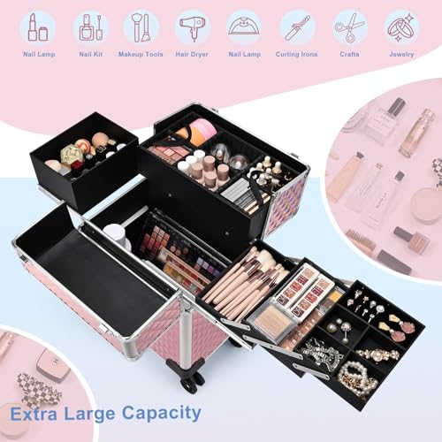 Stagiant Rolling Makeup Train Case Cosmetology Case on Wheels Travel Cosmetic Suitcase Trolley Makeup Luggage Storage Box 4 Tray with Lock Middle Layer Salon Nail Tech Cart Traveling Tattoo Case Pink - Image 5