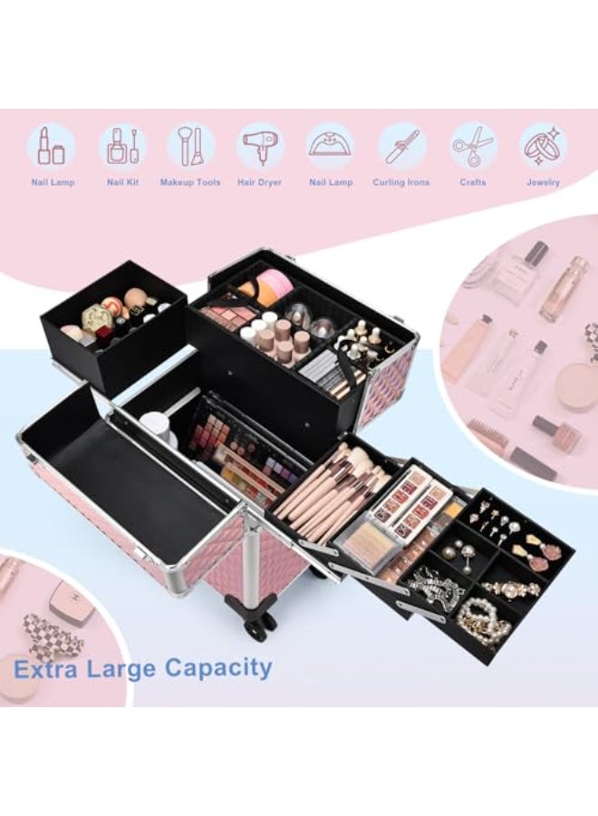 Stagiant Rolling Makeup Train Case Cosmetology Case on Wheels Travel Cosmetic Suitcase Trolley Makeup Luggage Storage Box 4 Tray with Lock Middle Layer Salon Nail Tech Cart Traveling Tattoo Case Pink - Image 4